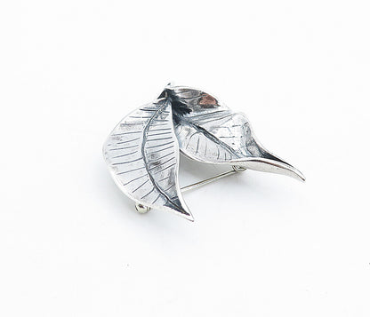 925 Sterling Silver  Vintage Shiny Etched Floral Leaves Brooch Pin  BP1623