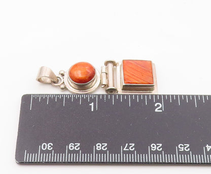 925 Sterling Silver  Vintage Round & Square Orange Agate Drop Pendant  PT21568
