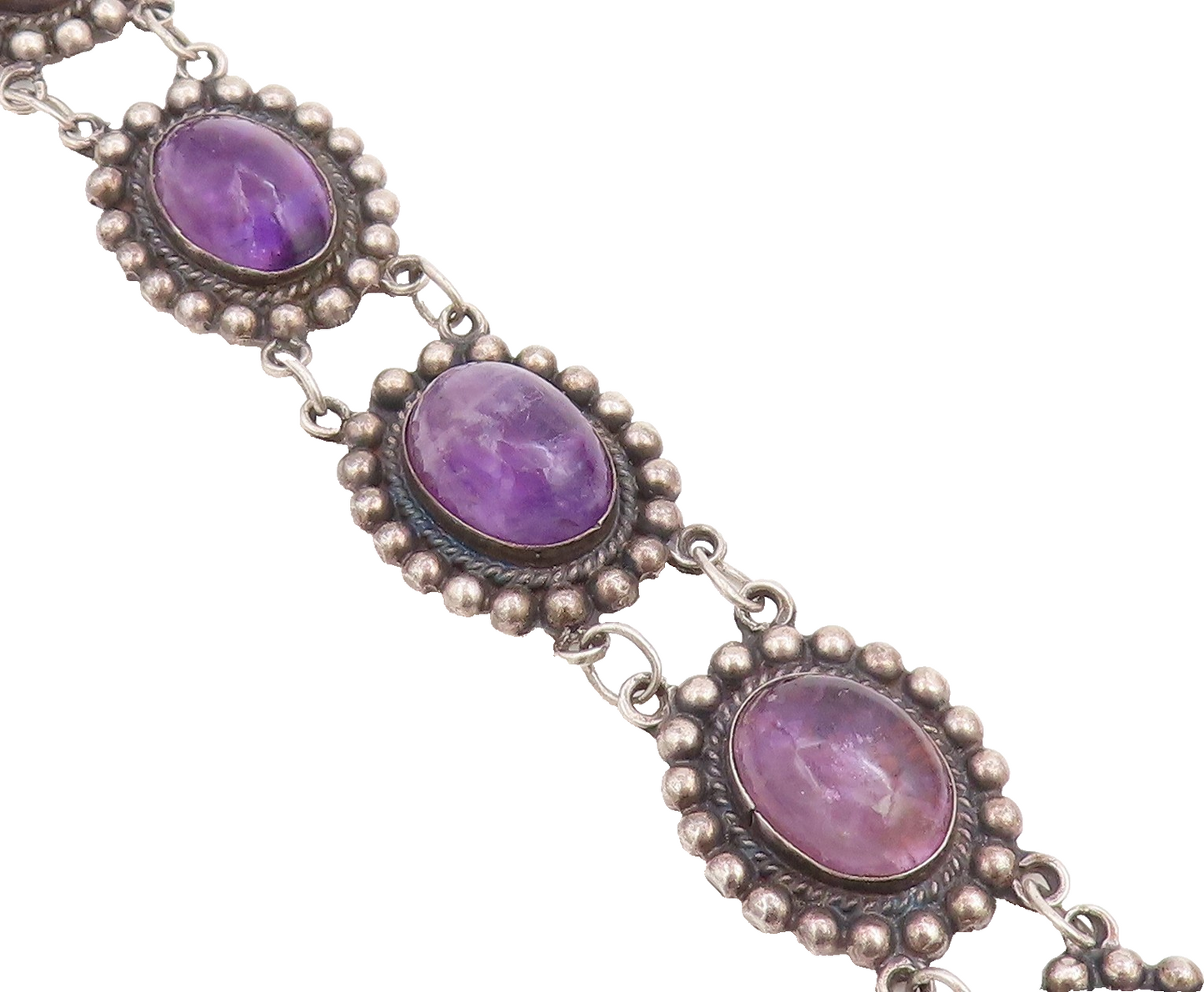 925 Sterling Silver Vintage Bracelet Cabochon Amethyst Beaded Link  BT11845