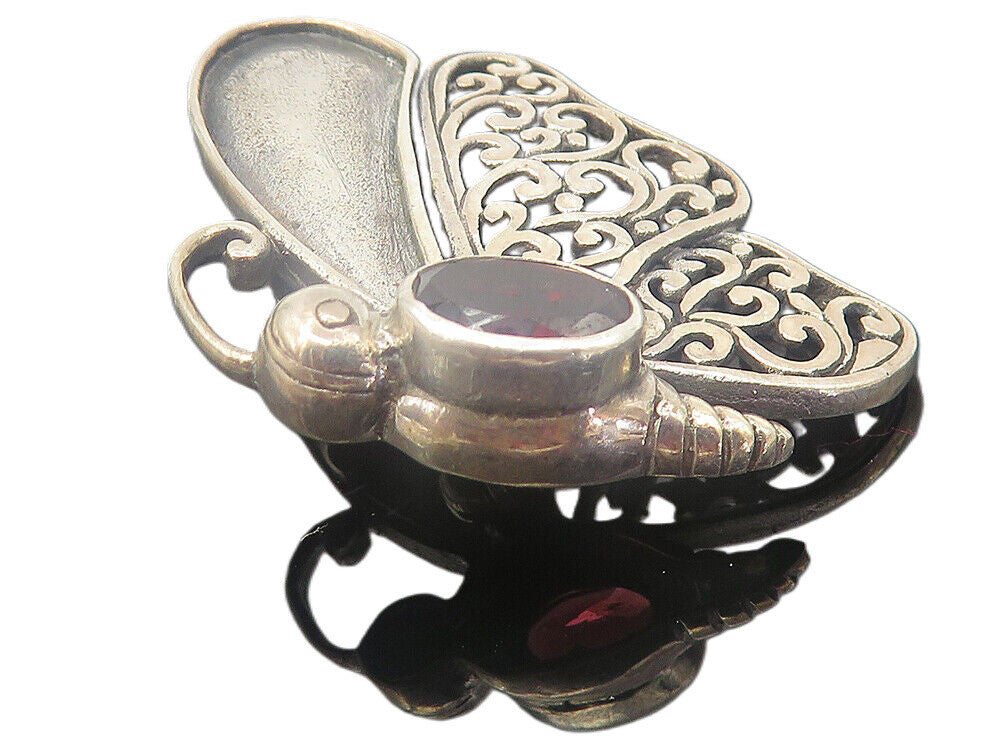 925 Sterling Silver  Vintage Red Topaz Swirl Wing Butterfly Brooch Pin  BP2922