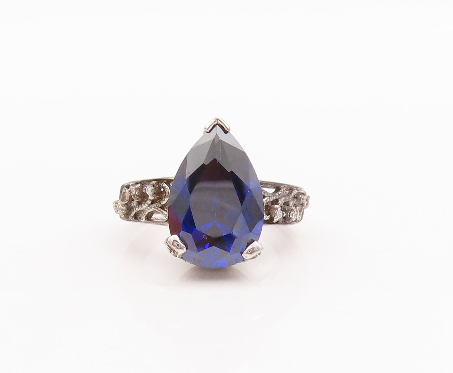 925 Sterling Silver Vintage Ring Sapphire Swirly Carved CZ Inlay  Sz 6  RG29613