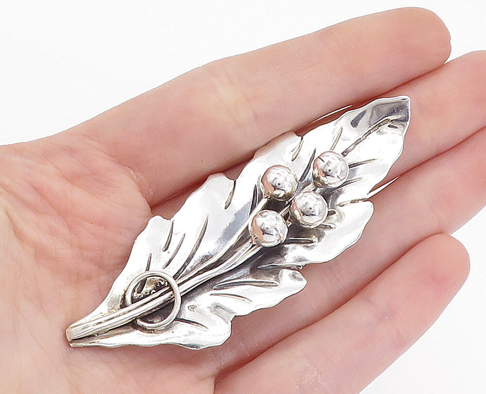 MEXICO 925 Sterling Silver  Vintage Shiny Single Floral Leaf Brooch Pin BP2736
