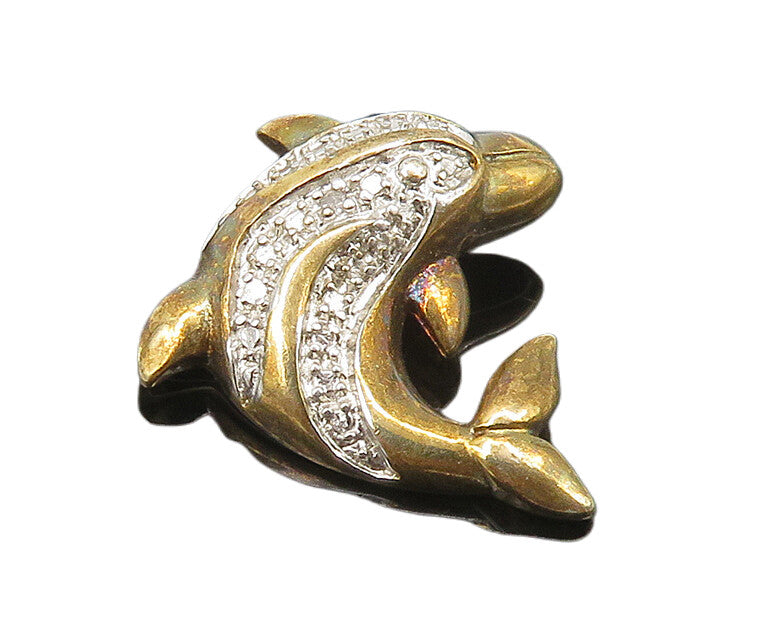 925 Silver  Vintage Genuine Diamond Gold Plated Dolphin Pendant  PT14433