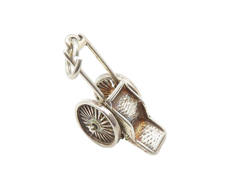 925 Sterling Silver  Vintage Shiny Wheelbarrow Motif Drop Pendant  PT8431