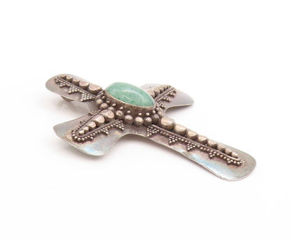 925 Sterling Silver Vintage Brooch Cabochon Turquoise Religious Cross  BP11950