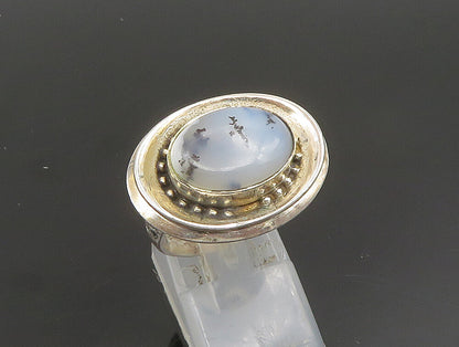 925 Silver  Vintage Unique Beaded Oval Frame Moss Agate Ring Sz 7.5  RG25344