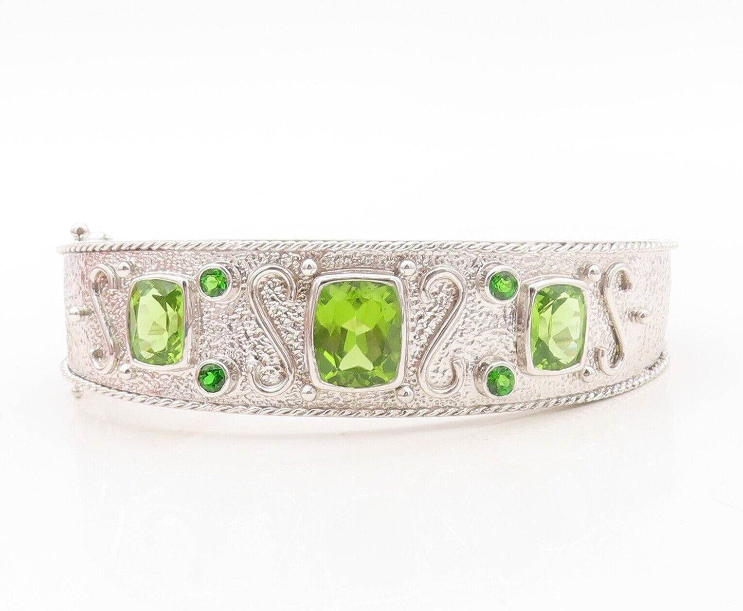 925 Sterling Silver Vintage Bracelet Solid Carved Rectangle Peridot  BT10721