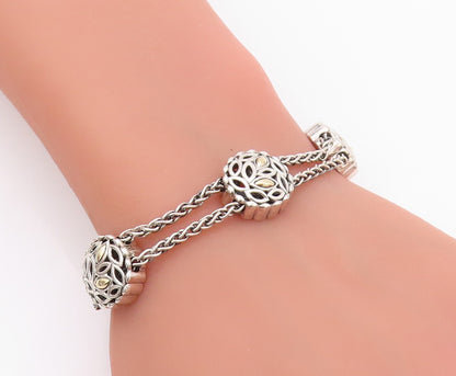 14k Gold 925 Sterling Silver Vintage Bracelet Round Floral Cut Chained  BT11091