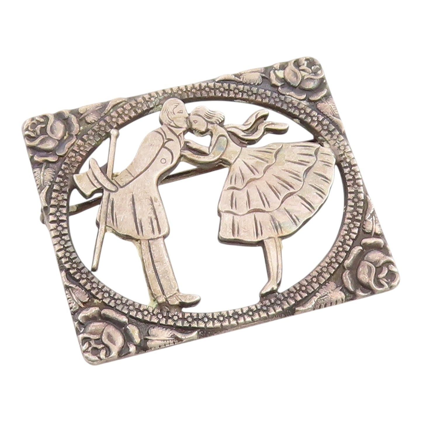925 Sterling Silver Vintage Brooch Pin Floral Framed Kissing Couple  BP12458