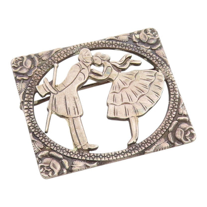 925 Sterling Silver Vintage Brooch Pin Floral Framed Kissing Couple  BP12458
