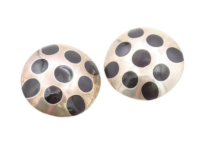 925 Sterling Silver Vintage Earrings MEXICO Polka Dot Onyx Design Disk  EG13578