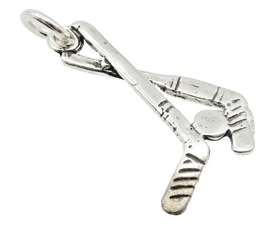 925 Sterling Silver  Vintage Petite Shiny Hockey Sticks & Puck Pendant  PT8448