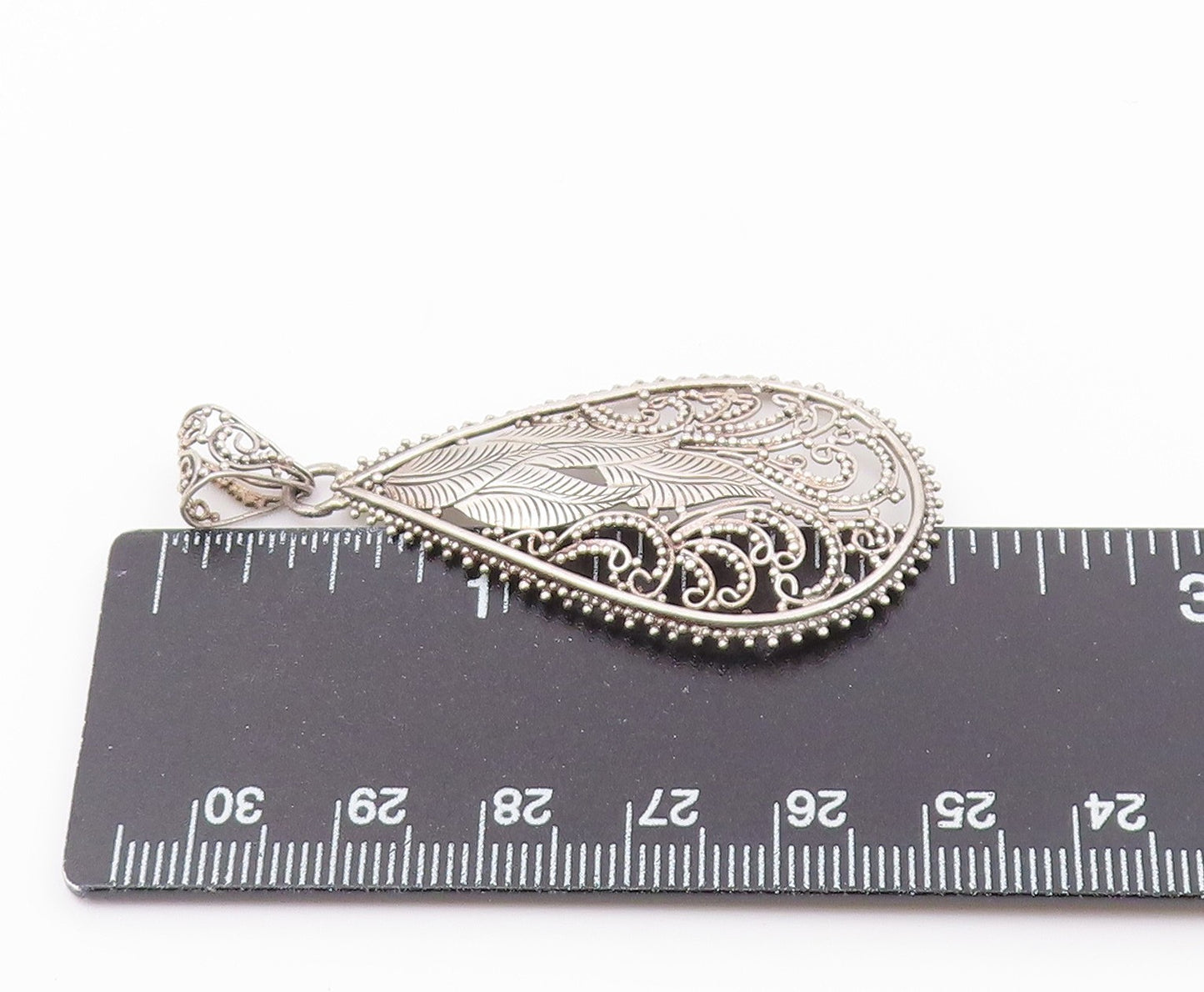 925 Silver  Vintage Beaded Leaf Vine Swirl Pear Shape Dome Pendant  PT20481