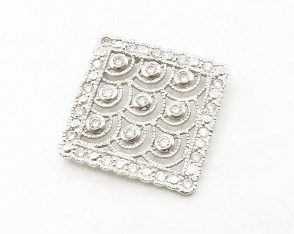 925 Sterling Silver  Shiny White Topaz Square Wavy Border Pendant  PT10218