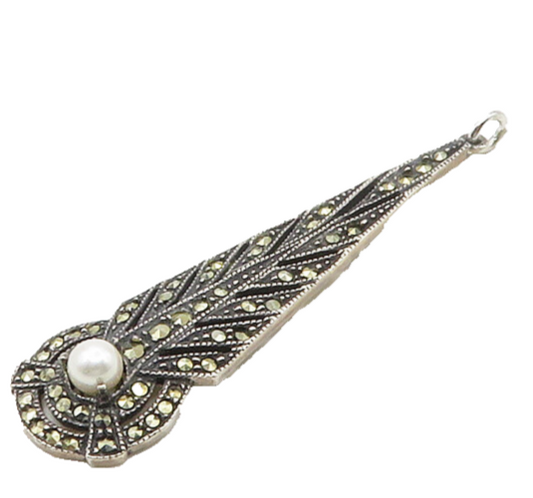 JUDITH JACK 925 Silver  Vintage Freshwater Pearl & Marcasite Pendant  PT13681