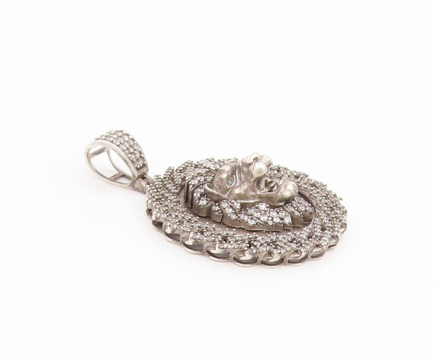 925 Sterling Silver Vintage Pendant CZ Roaring Lion Head Medallion  PT25638