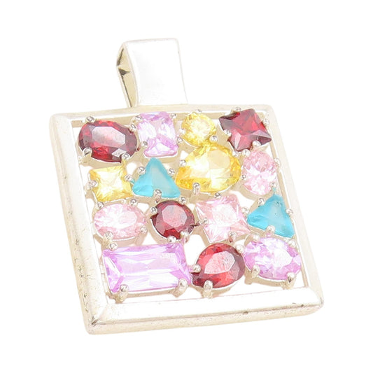 925 Sterling Silver Vintage Pendant Square Multi Color Muti Shape Topaz  PT24600