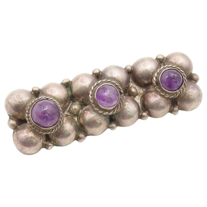 925 Sterling Silver Vintage Brooch Pin Cabochon Amethyst Floral Motif  BP12652