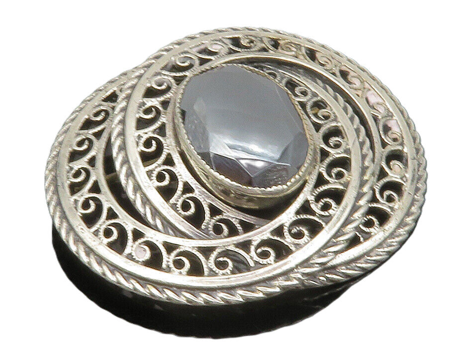 DANECRAFT 925 Sterling Silver  Vintage Hematite Shiny Swirl Brooch Pin  BP4642