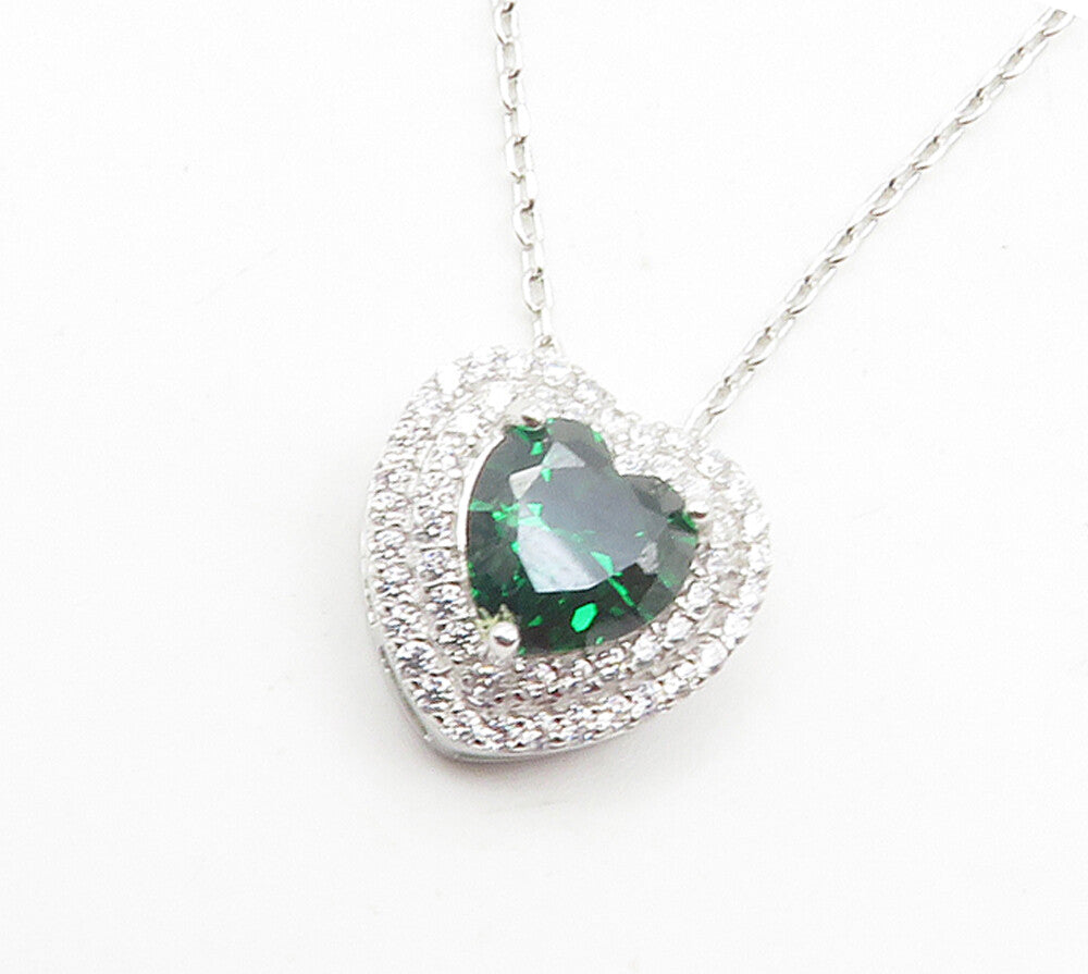 925 Sterling Silver  Green & White Topaz Love Heart Chain Necklace  NE2056