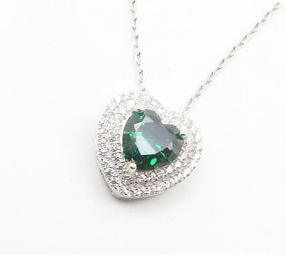 925 Sterling Silver  Green & White Topaz Love Heart Chain Necklace  NE2056