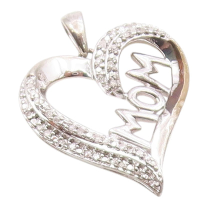 925 Sterling Silver  Shiny Genuine Diamonds Mom Love Heart Pendant  PT11935