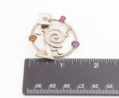 925 Sterling Silver Vintage Brooch Pin Multi Gemstone Geometric Galaxy  BP12649