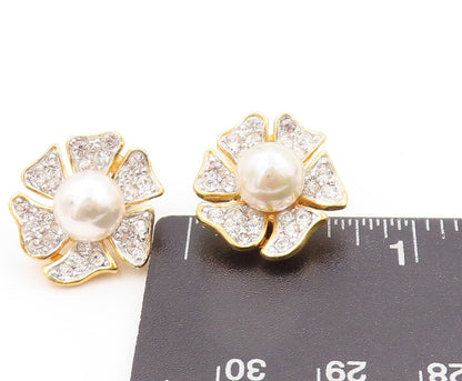 925 Sterling Silver Vintage Earrings Gold Plated Pearl & CZ Inlay Flower EG13316