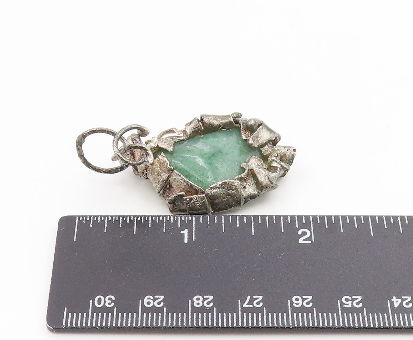 925 Sterling Silver Vintage Pendant Green Aventurine Brutalist Charm  PT25691
