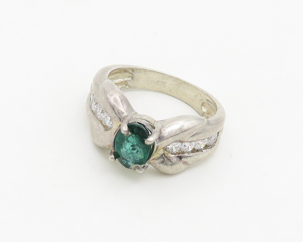 925 Sterling Silver  Vintage Prong Set Emerald & Topaz Band Ring Sz 6  RG18533