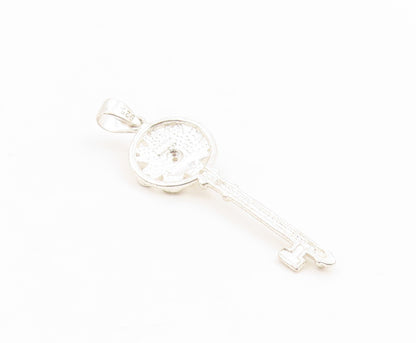 925 Sterling Silver Vintage Pendant Modernist Enamel CZ Floral Key Charm PT26192