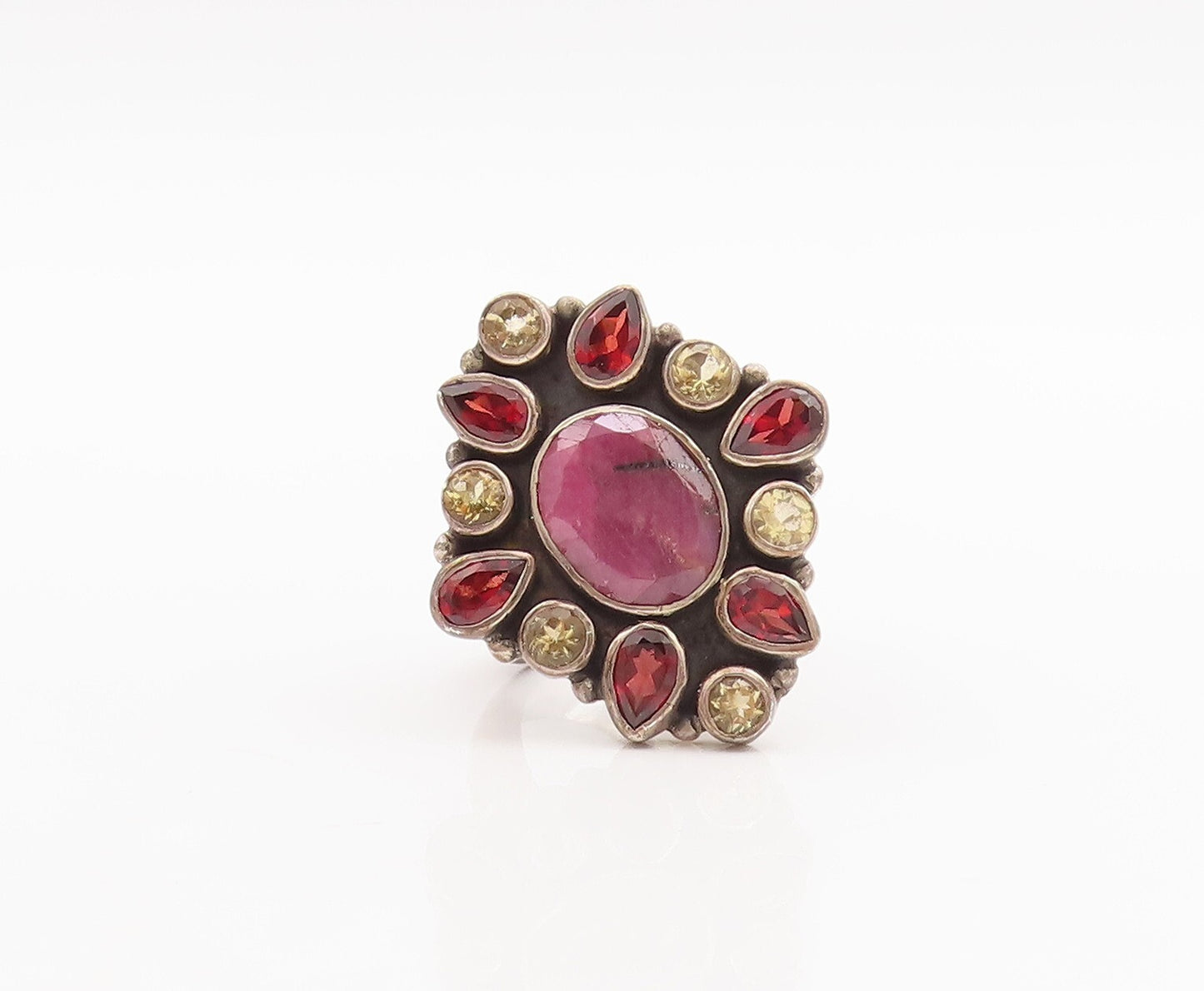 925 Sterling Silver Vintage Ring Garnet Citrine & Gemstone Flower  Sz 6  RG29282