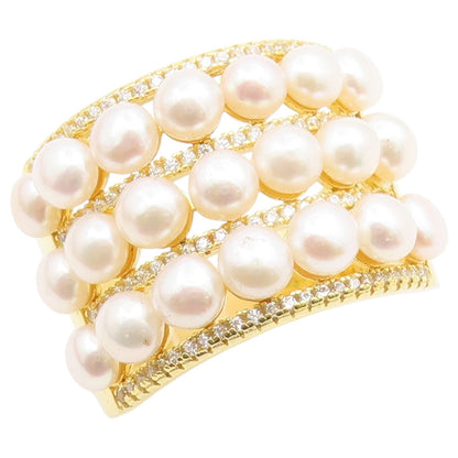 925 Sterling Silver Vintage Ring Gold Plated Multi Row Pearl Band Sz 10 RG36783
