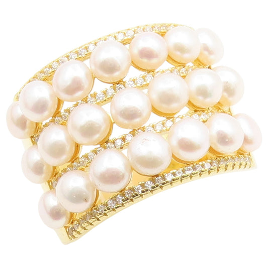 925 Sterling Silver Vintage Ring Gold Plated Multi Row Pearl Band Sz 10 RG36783