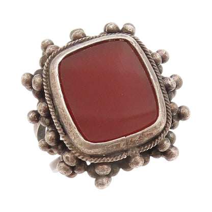 925 Sterling Silver Vintage Ring Rectangle Carnelian Halo Beads  Sz 8.5  RG31787
