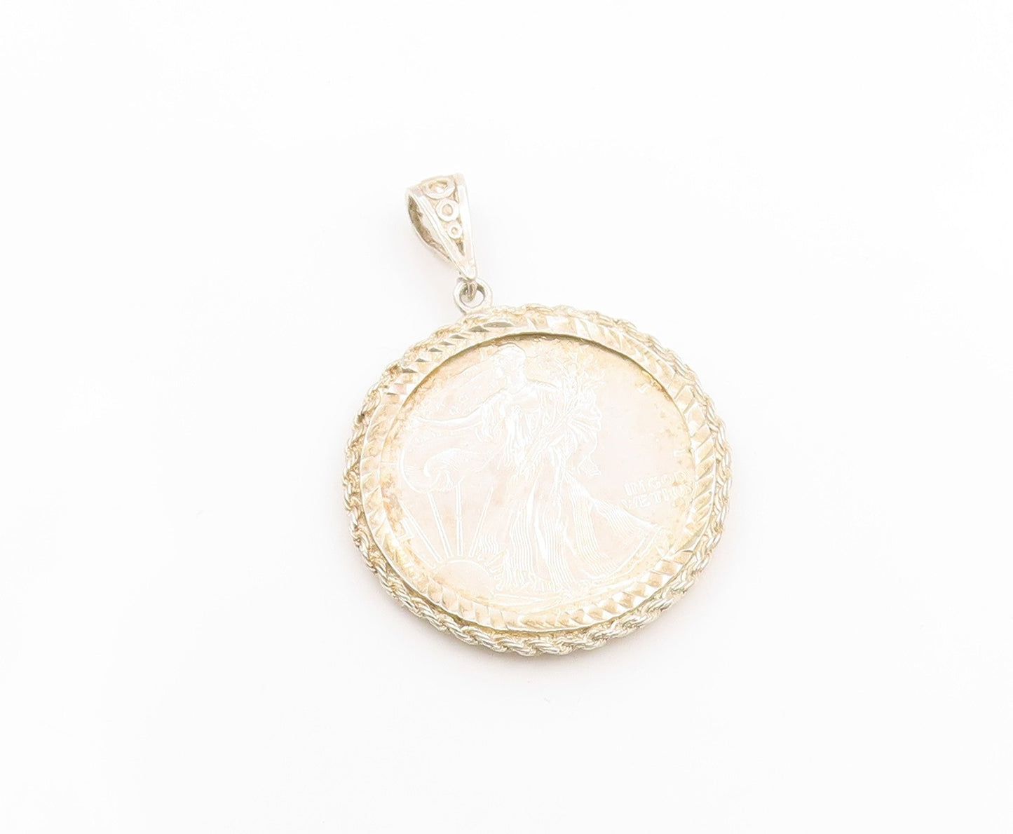 925 Sterling Silver Vintage Pendant One Dollar Twisted Rope Medallion  PT26212