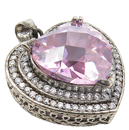925 Sterling Silver  Vintage Pink & White Cubic Zirconia Heart Pendant  PT6614