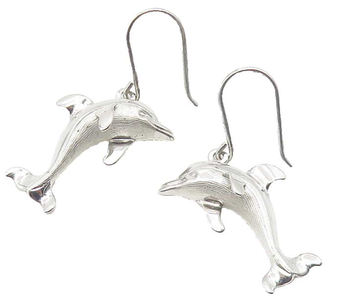 925 Sterling Silver  Vintage Shiny Dolphin Motif Animal Drop Earrings  EG5980