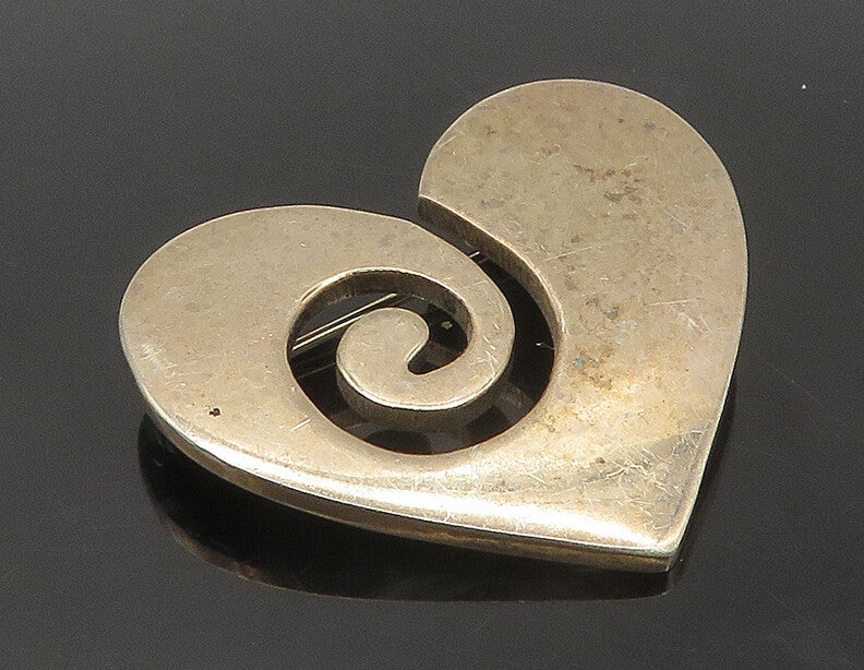 MWS MEXICO 925 Silver  Vintage Spiral Cutout Love Heart Brooch Pin  BP6936
