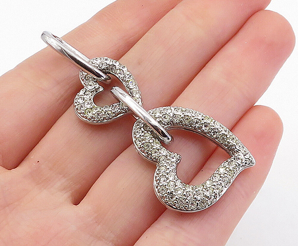 925 Sterling Silver  Shiny Cubic Zirconia Linked Love Hearts Pendant  PT4623