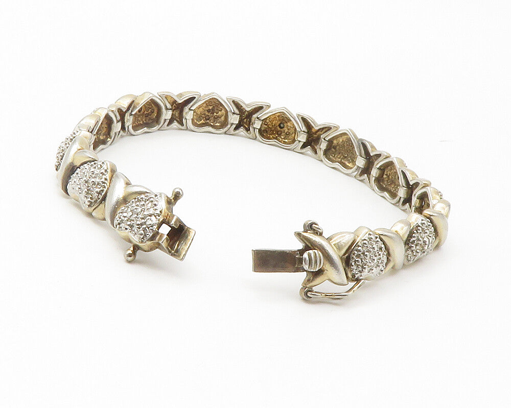925 Sterling Silver  Vintage Genuine Diamonds XO Heart Chain Bracelet  BT5648