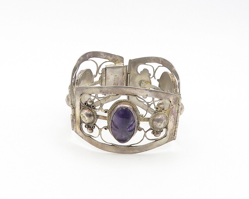 MEXICO 925 Silver  Vintage Antique Face Carved Amethyst Chain Bracelet  BT7302