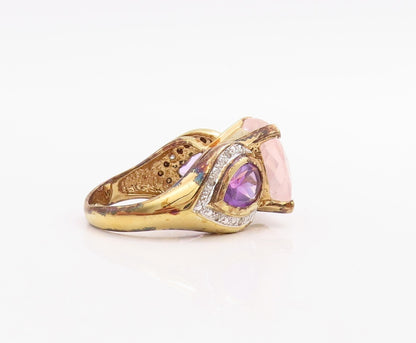 925 Sterling Silver Vintage Ring Gold Plated Diamonds Gemstones  Sz 7  RG30958