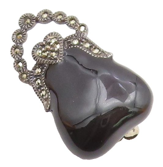 JUDITH JACK 925 Silver  Vintage Black Onyx & Marcasite Purse Brooch Pin BP7894