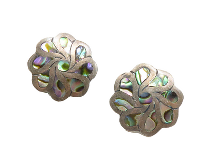 MEXICO 925 Sterling Silver  Vintage Abalone Floral Non Pierce Earrings  EG5271