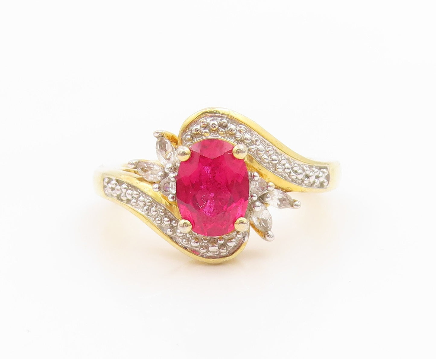 925 Sterling Silver Vintage Ring Gold Plated Ruby & Topaz Band  Sz 8  RG35917
