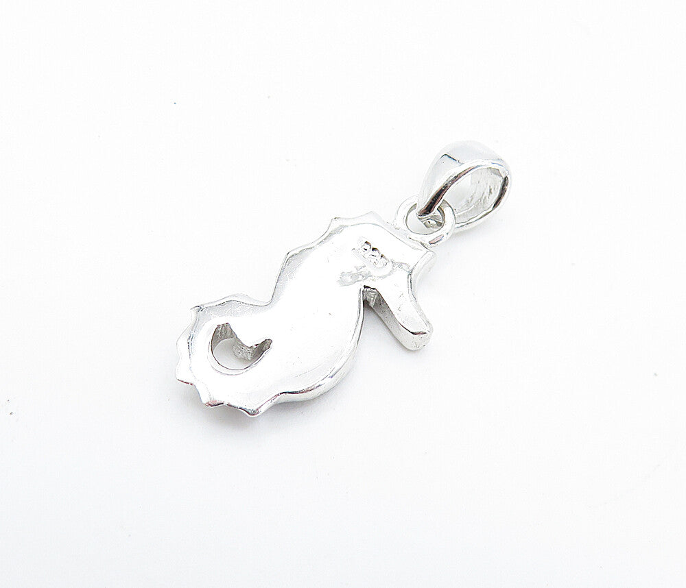 925 Sterling Silver  Inlaid Fire Opal Shiny Petite Seahorse Pendant  PT5696