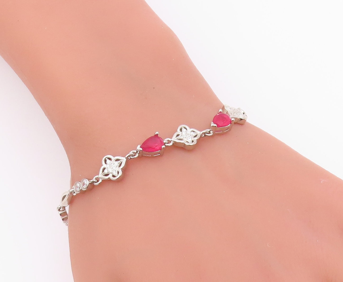 925 Sterling Silver  Vintage Beautiful Ruby & Cubic Zirconia Bracelet  BT9567
