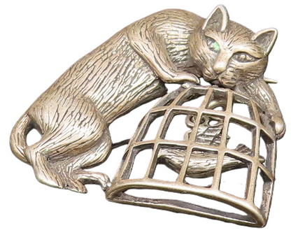 JEZLAINE 925 Silver  Vintage Carved Cat With Bird Cage Brooch Pin  BP9785