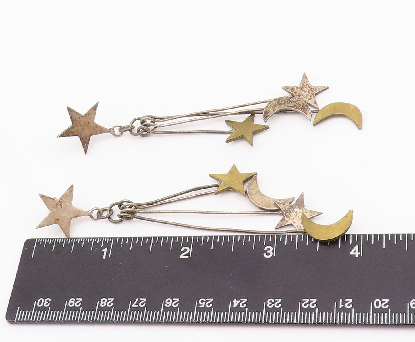 925 Sterling Silver Vintage Earrings Modernist Drop Cutout Moon & Stars  EG13653